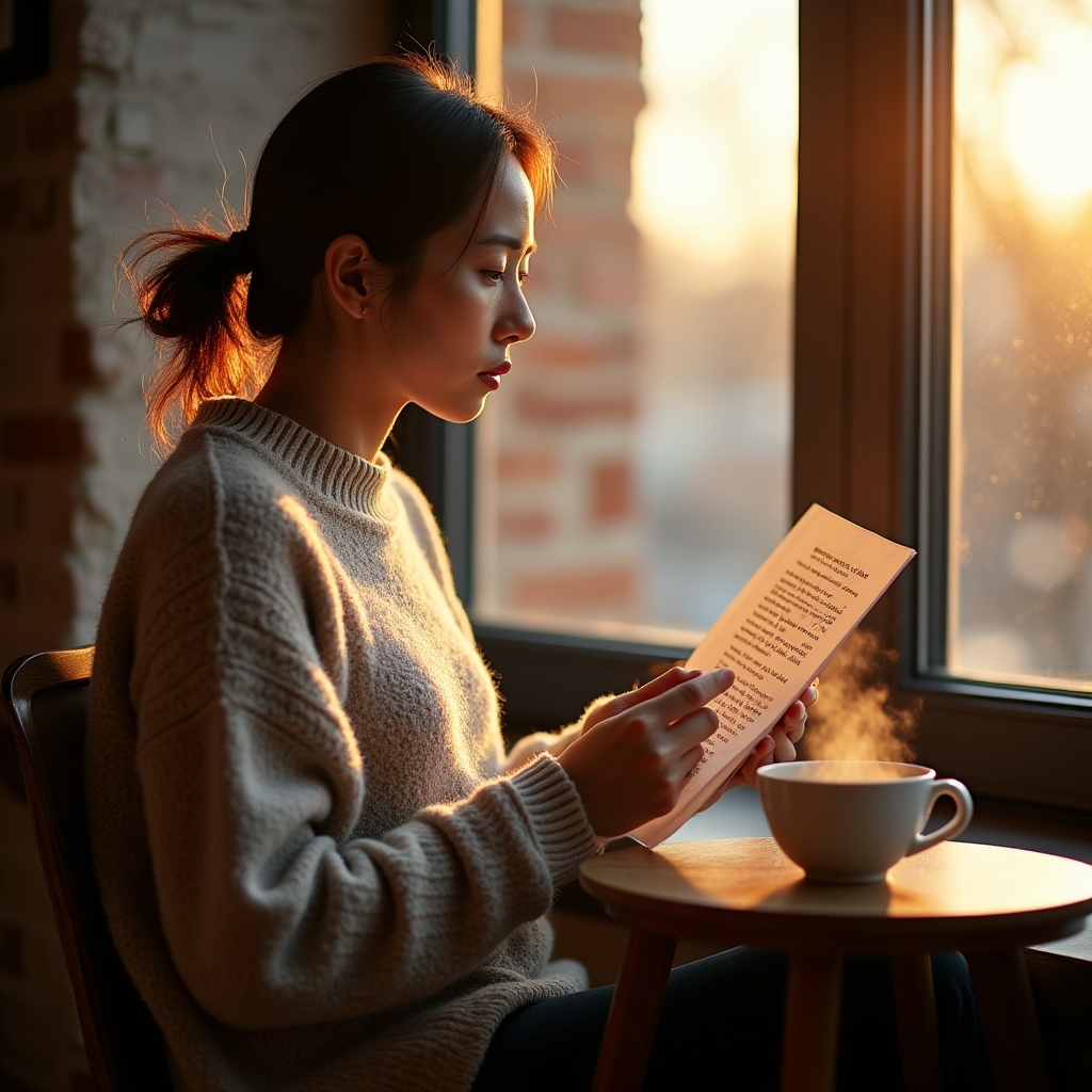 Persoană citind notițe tipărite ale unui interviu, cu o ceașcă de cafea alături